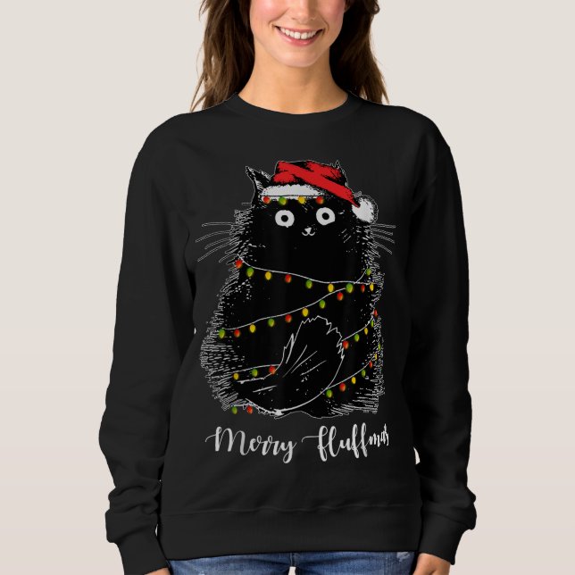 Moletom Feliz Fluffmas Cats com Santa Hat Luzes De Natal (Frente)