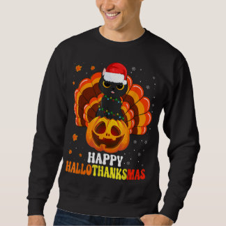 Moletom Feliz Hallothanksmas Black Cat Papai noel Pumpkin