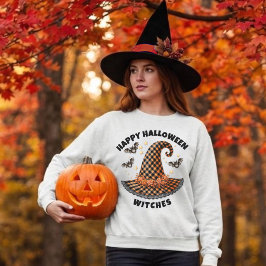 Moletom Feliz Halloween Bruxas Chapéu Laranja e Preto Xadr