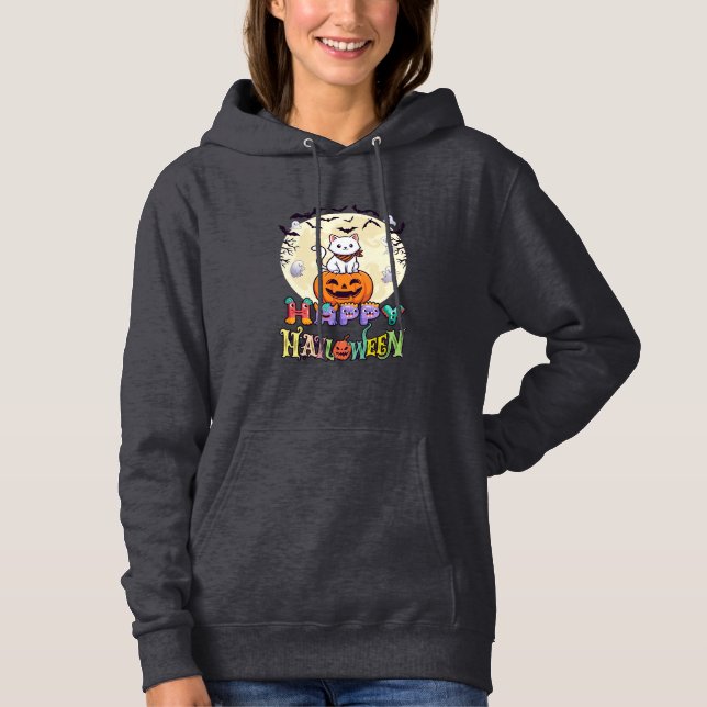 Moletom Feliz Halloween Gato Branco Abóbora Lua Morcegos F (Frente)