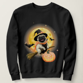 Moletom Feliz Halloween Pug Dirigindo uma vassoura voadora