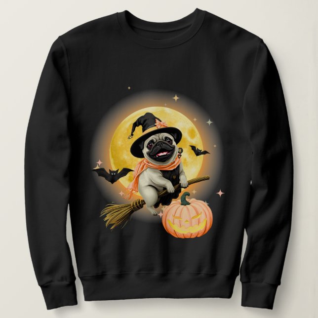 Moletom Feliz Halloween Pug Dirigindo uma vassoura voadora (Frente do Design)