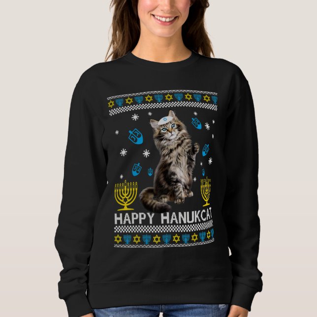 Moletom Feliz Hanukcat Ugly Hanukkah Sweater Maine Coon Ca (Frente)
