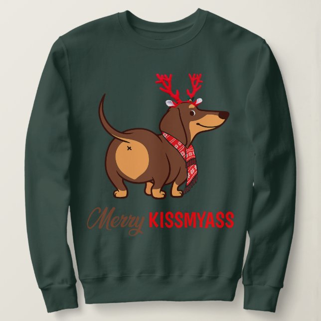 Moletom Feliz Kissmyass Engraçado Reindeer de Natal Dachsh (Frente do Design)