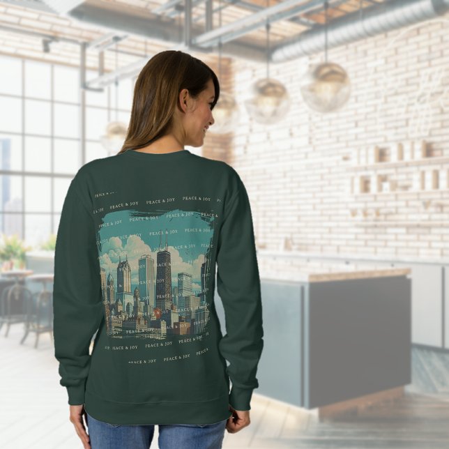 Moletom Feliz Natal Chicago Skyline Holiday (Merry Christmas Chicago Skyline Holiday Sweatshirt (back))
