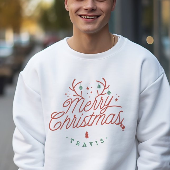 Moletom Feliz Natal Nome da Família Reindeer Holiday (Merry Christmas Family Name Reindeer Holiday Sweatshirt)