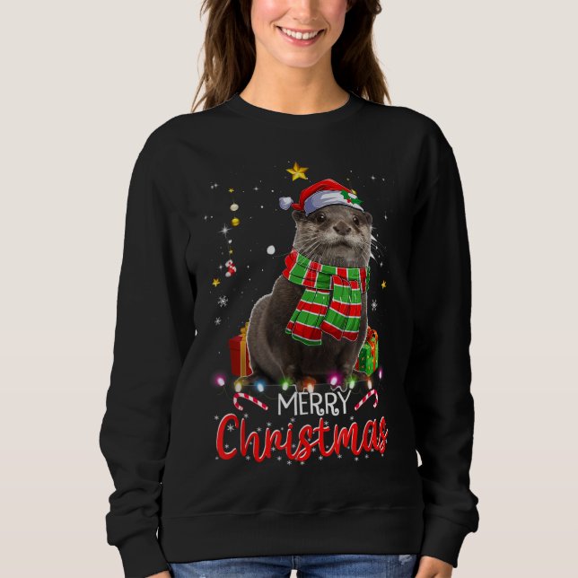Moletom Feliz Natal Otter Santa Hat Tree Lights Pajama (Frente)