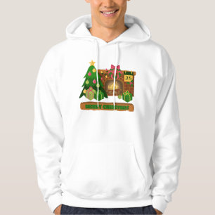 Moletom Feliz Natal perto da árvore de Natal de lareira bo