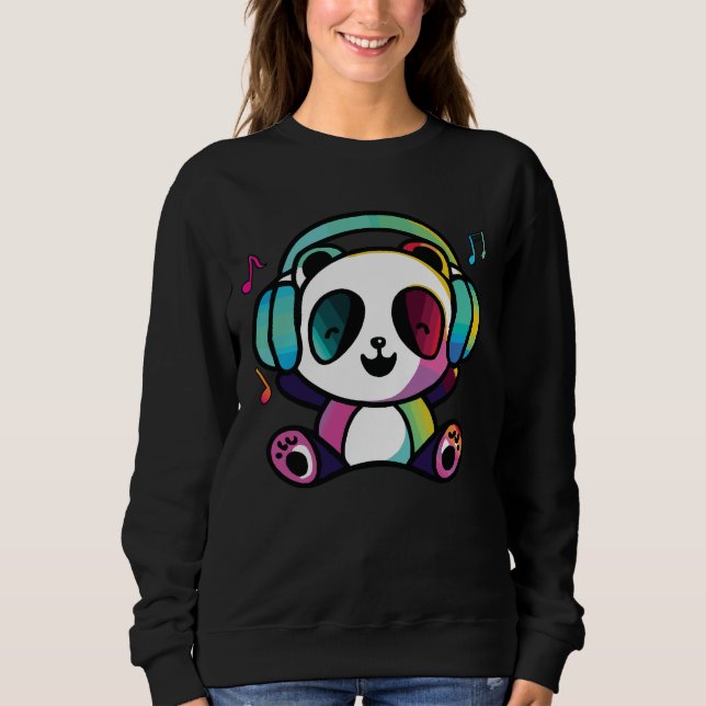 Moletom Feliz Panda com fones de ouvido ouvindo música. (Frente)