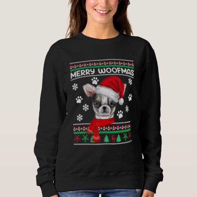 Moletom Feliz Woofmas Chihuahua Ugly Sweater Santa Hat (Frente)