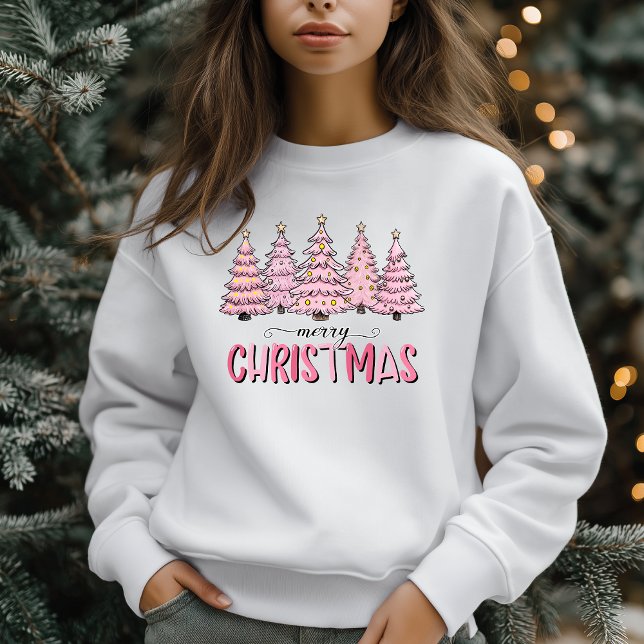Moletom Feriado de inverno de Árvore Rosa (Pink Christmas Trees Sweatshirt - Cute Holiday Fashion)