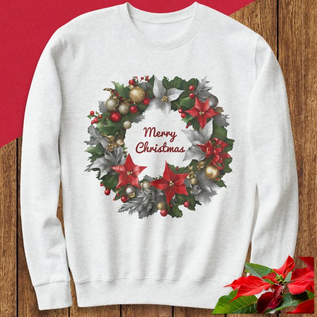 Moletom Feriado de inverno Festivo Wreath Festivo (A festive sweatshirt with Merry Christmas greeting in a wreath of flowers, greenery and ornaments)