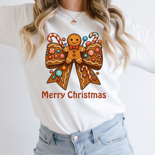 Moletom Feriado de Natal do Arco Coquette Man Gingerbird (Gingerbread man Coquette Bow Merry Christmas Happy Holidays Sweatshirt. Gift for her)