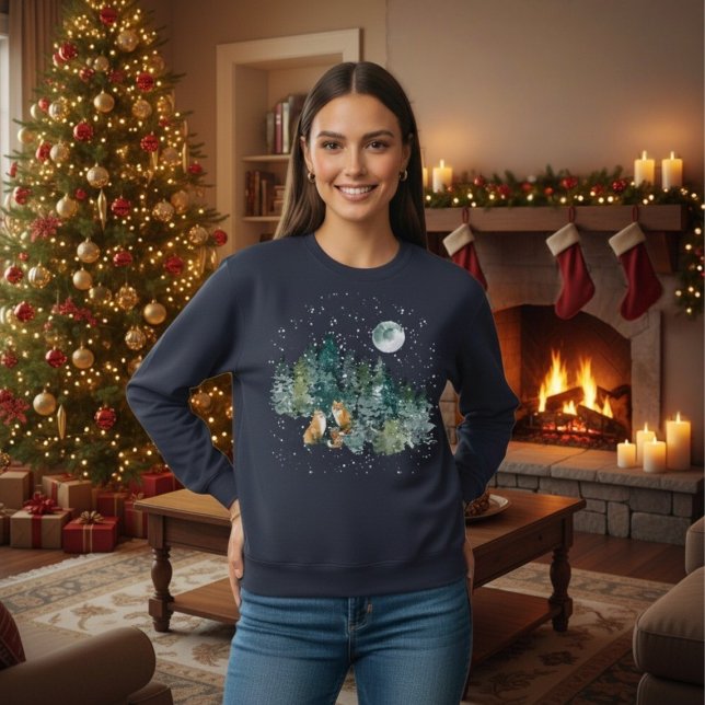 Moletom Feriado de Neve Completa da Floresta da Família Fo (Fox Family Forest Full Moon Snowfall Holiday Sweatshirt)