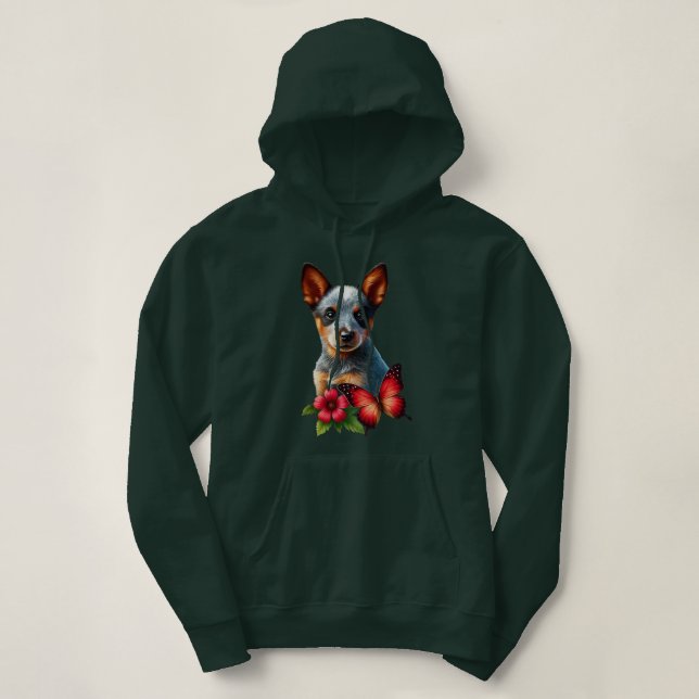 Moletom Filhote de Heeler Fofo com Borboleta e Flor  (Frente do Design)