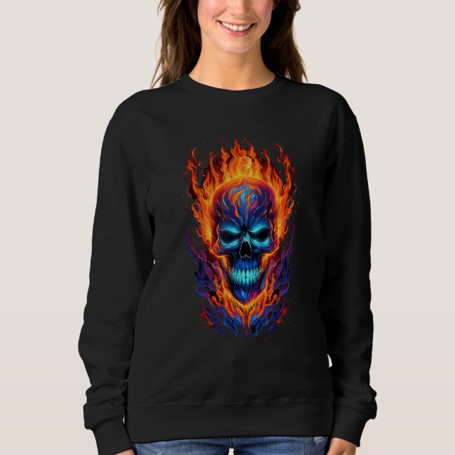 Moletom Flaming Skull Red Orange & Blue Cool Skeleton Skul (Frente)