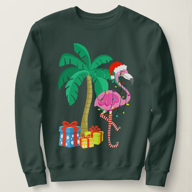Moletom Flamingo cor-de-rosa Palm Tree Tropical Xmas Fu (Frente do Design)