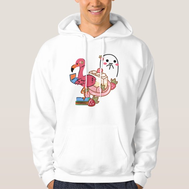 Moletom Flamingo Rosa Fofo Cheesecake de Laptop & Fantasma (Frente)