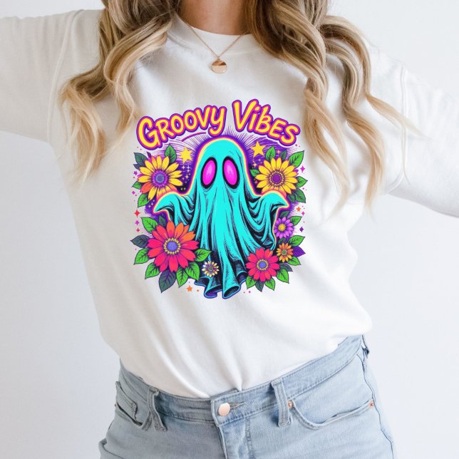 Moletom Florais Neon da Moda Retro Fantasma Groovy Hallowe (Trendy Retro Neon Colors Florals Halloween Ghost Groovy Vibes Sweatshirt Her)