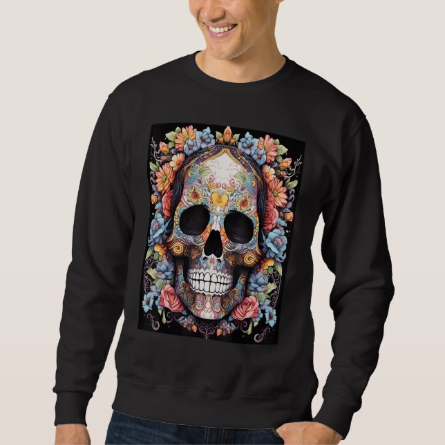 Moletom Floral Enigma Vibrant Skull and Blooming Flowers D (Frente)
