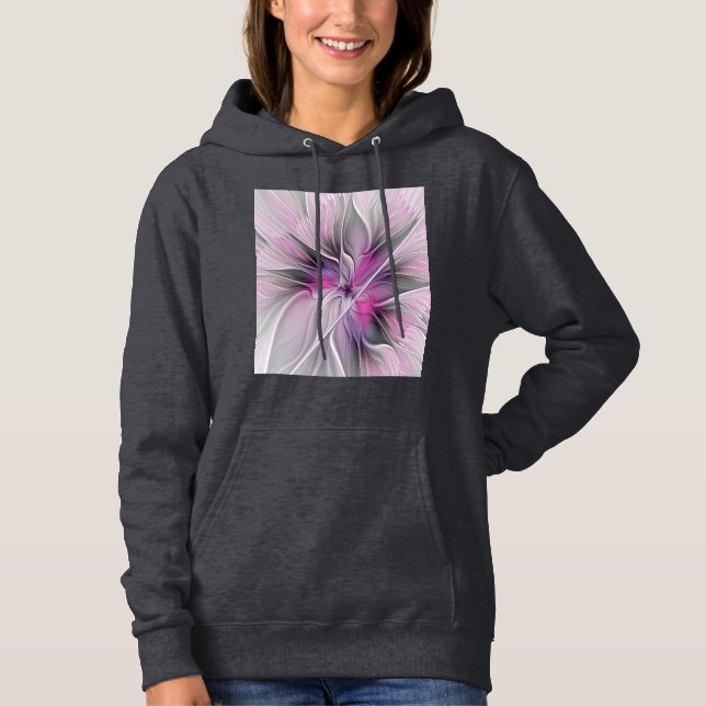 Moletom Floral Fractal Moderno Abstrato Flor Rosa Cinza (Frente)