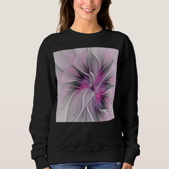 Moletom Floral Fractal Moderno Abstrato Flor Rosa Cinza (Frente)
