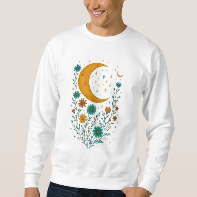 Moletom Flores Boho Lua Celestial Presente Engraçado Mais  (Frente)