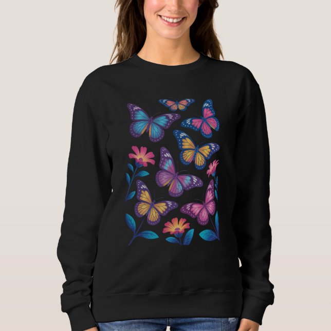 Moletom Flores de Neon com Seis Borboletas Brilhantes (Frente)