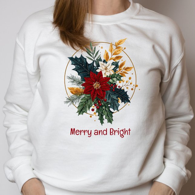 Moletom Florestas de Natal Bright Feliz (Red Green and Gold Christmas Botanicals and Florals Merry and Bright Sweatshirt for her)