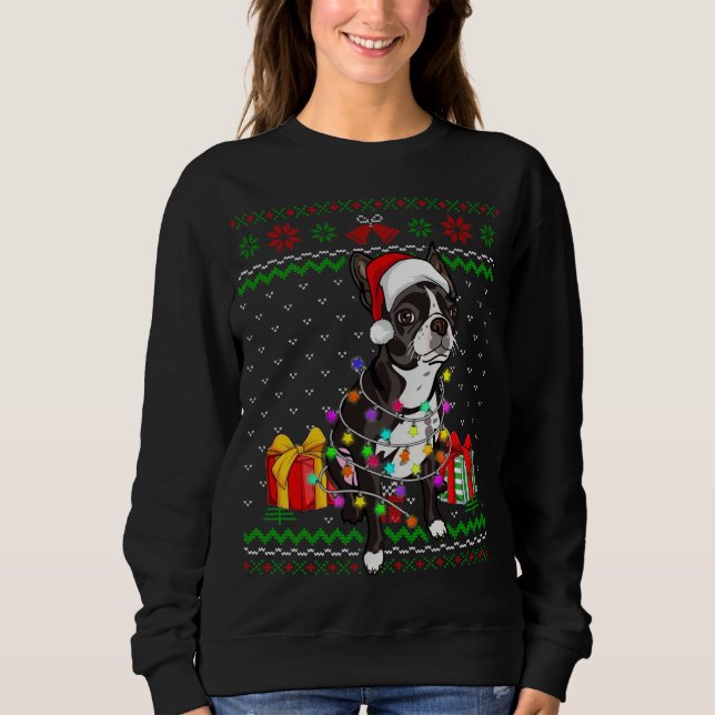 Moletom Fofo feio Luz de Natal Boston Terrier Dog L (Frente)