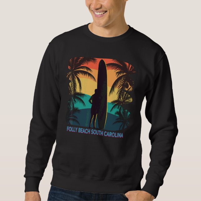 Moletom Folly Beach South Carolina Sc Palm Tree Surfboard (Frente)