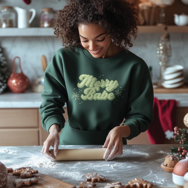 Moletom Fonte Verde de Trendy Babe feliz com flocos de nev (Merry Babe Sweatshirt with Snowflakes)