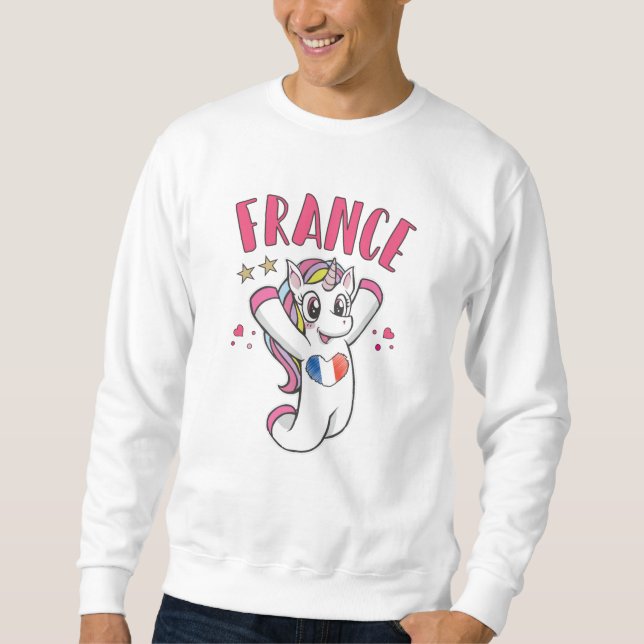 Moletom França Soccer Fan Unicorn com bandeira cardíaca (Frente)