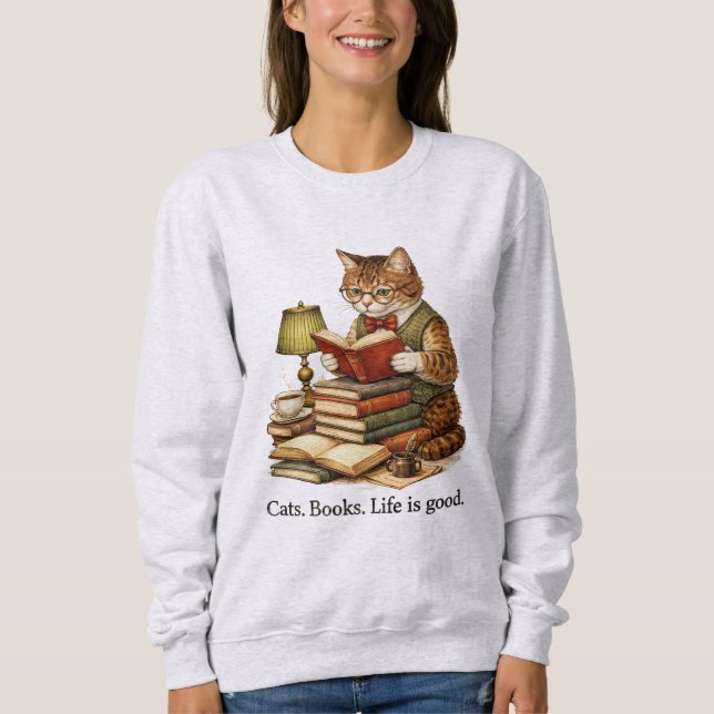Moletom Funny Cat Reading Books Sweatshirt – Retro Design (Frente)