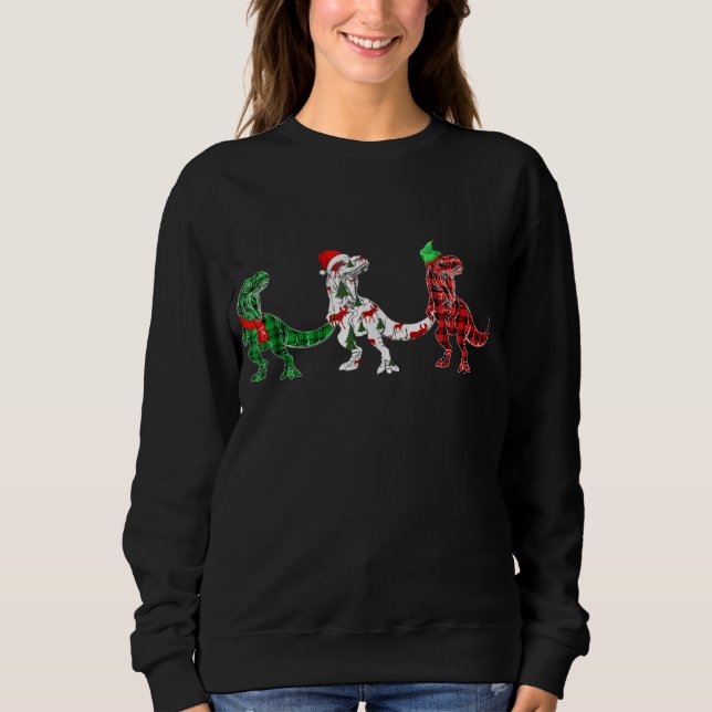 Moletom Funny Dinosaur Xmas Tree Lights Red Plaid T Rex Ch (Frente)