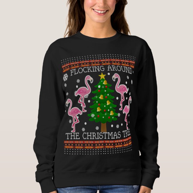 Moletom Funny Flamingo Ugly Christmas Tree Sweater Ju (Frente)
