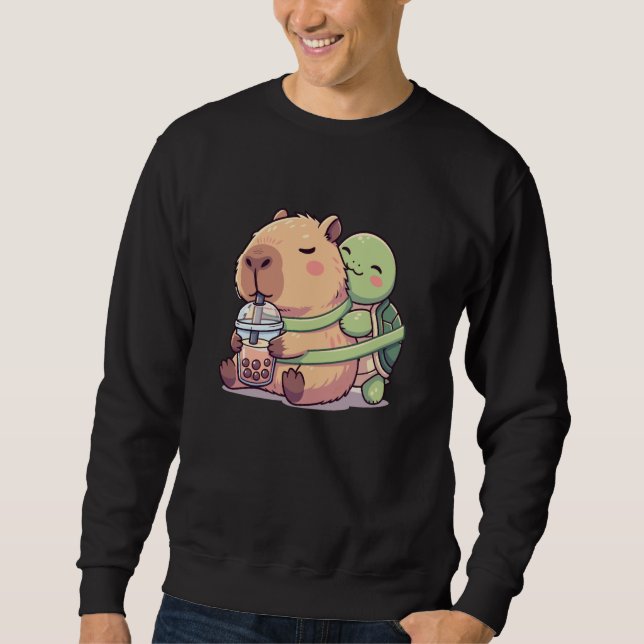 Moletom Funny Kawaii Capybara Turtle Boba Tea Cute Men Wom (Frente)
