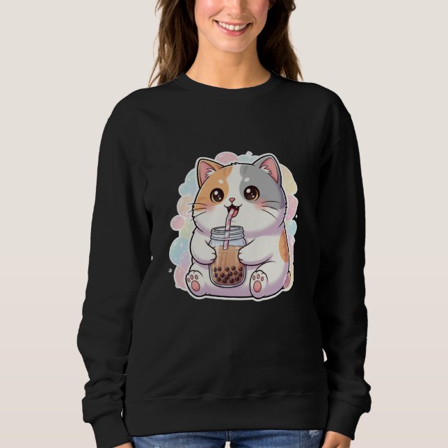 Moletom garota adolescente gato fofo e bebida prink camise (Frente)