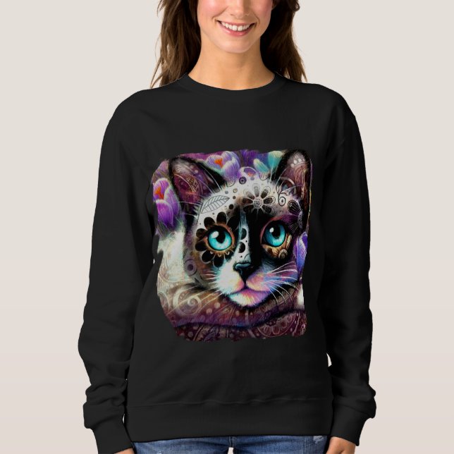 Moletom Gatinho Siamês Gato Crocus Floral Purple Teal Whit (Frente)