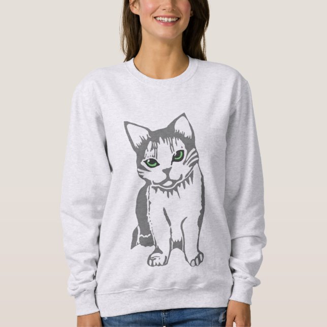 Moletom Gato branco de Cinza com camisola doce para mulher (Frente)