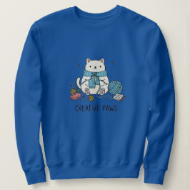 Moletom Gato Branco Fofo Tecendo Fio Azul Design Aconchega