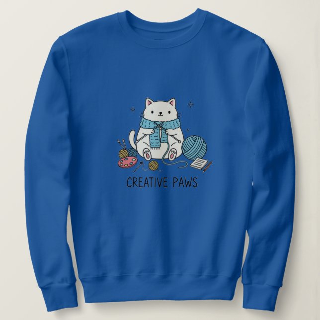Moletom Gato Branco Fofo Tecendo Fio Azul Design Aconchega (Frente do Design)