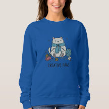 Gato Branco Fofo Tecendo Fio Azul Design Aconchega