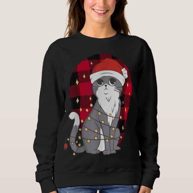 Moletom Gato Com Luzes De Árvore De Natal, Xmas De Xadrez  (Frente)