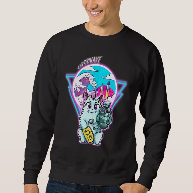 Moletom Gato Cyberpunk Maneki-Neko Com Estilo De Onda De V (Frente)