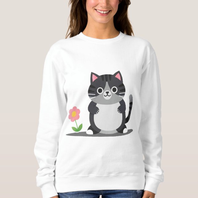 Moletom Gato de Desenho Adorável Com Flor (Frente)