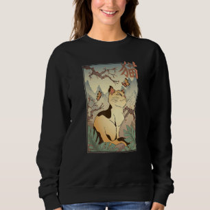 Moletom Gato fofo e árvore de flor de cerejeira Sakura Jap