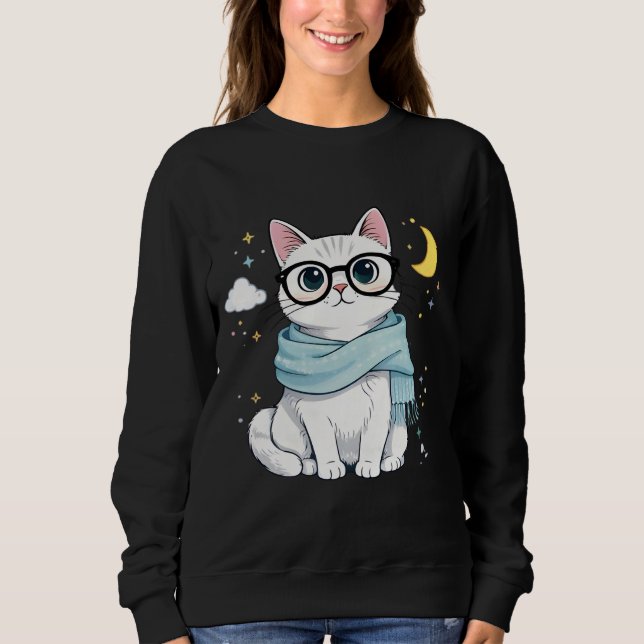 Moletom Gato Fofo e Nerd com Óculos e Cachecol (Frente)