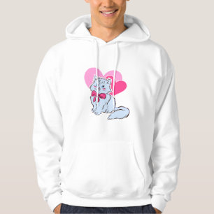 Moletom Gato Kawaii Azul com Laço Rosa e Corações