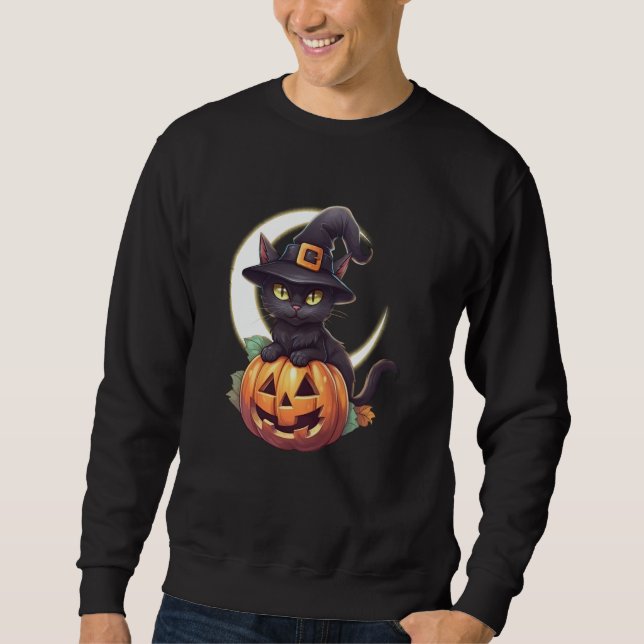 Moletom Gato Negro Bonito Jack O'Lanterna Pumpkin Hallowee (Frente)